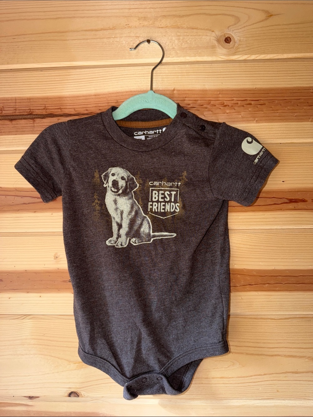 Carhartt Brown 'Best Friends' Puppy Graphic Baby Onesie